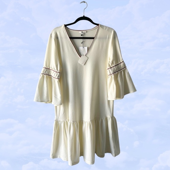 Ganni Sale! NWT Cream Dress Bell Sleeve Drop Waist Midi Clark Dress 36 Medium - Picture 3 of 6